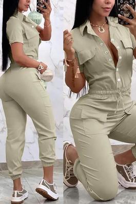 SHORT SLEEVE POCKET DESIGN CUFFED CARGO JUMPSUIT