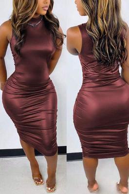 NEW PU Leather Sleeveless Ruched Bodycon Dress