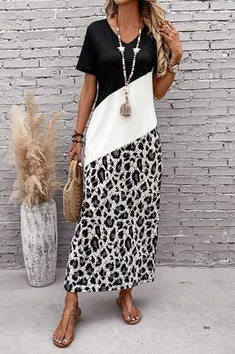 EMERY ROSE LEOPARD PRINT COLORBLOCK LONG SUMMER TEE DRESS WITH SEELVES