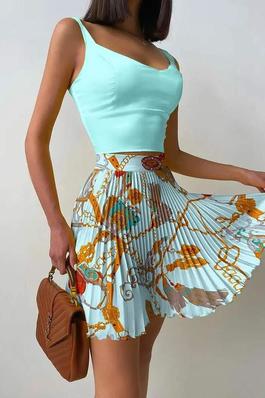 SOLID TANK TOP CHAIN PRINT PLEATED SKIRT SET