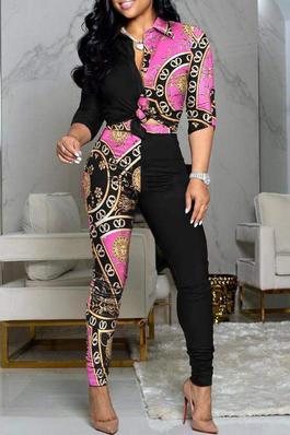 NEW Baroque Print Colorblock Knot Front Buttoned Top High Waist Pants Set