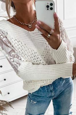 NEW Hollow Out Lace Patch Long Sleeve Sweater