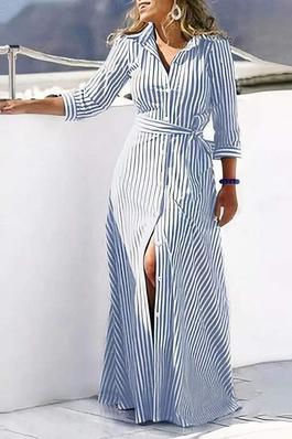 STRIPED BUTTONED TIED DETAIL SHIRT DRESS