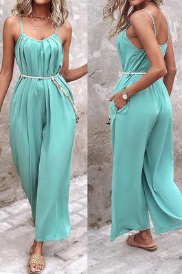 SPAGHETTI STRAP RUCHED BELTED JUMPSUIT