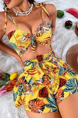 TROPICAL PRINT TIE SHOULDER KNOT FRONT SHIRRED CAMI TOP FRILL TRIM SHORTS