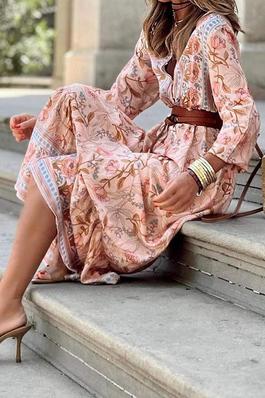 Floral Printed Wrap V Neck Beach Party Flowy Ruffle Long Dress