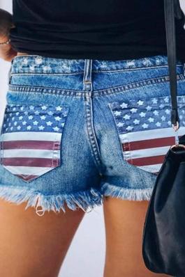 INDEPENDENCE DAY FLAG PRINT RIPPED BUTTONED DENIM SHORTS