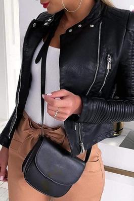 PU Leather Zipper Button Design Coat