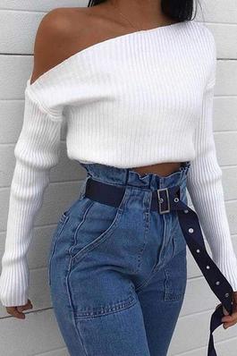 Plain One Shoulder Long Sleeve Knit Sweater
