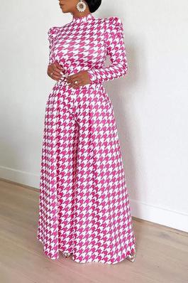 HOUNDSTOOTH PRINT PUFF SLEEVE WIDE LEG JUMPSUIT