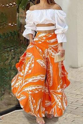 TWO PIECE ONE SHOULDER HALF SLEEVE TOP AND PRINTED LOOSE WIDE LEGS CASUAL PANTS SET