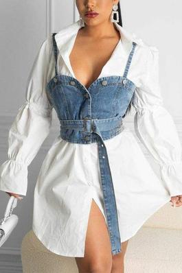 Solid Button Front Blouse With Denim Top