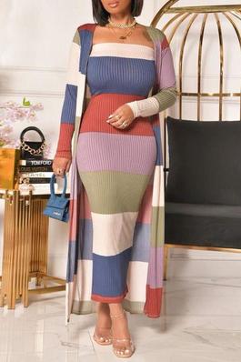 Ribbed Striped Print Colorblock Dress With Longline Cardigan