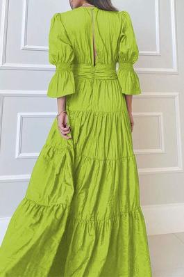 Puff Sleeve Solid Party Dress Summer Fashion Elastic Waist Maxi Dresses