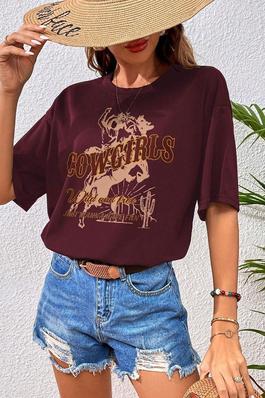 Women's  Horse and Slogan Graphic Drop Shoulder Tee T-Shirt