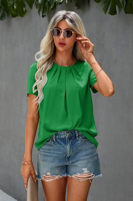 SOLID PLEATED DETAIL PUFF SLEEVE BLOUSE