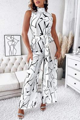 NEW ABSTRACT PRINT SLEEVELESS WIDE LEG BELTED JUMPSUIT