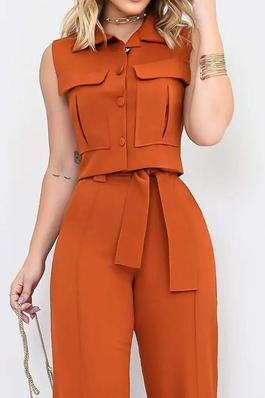 BUTTONED POCKET DESIGN VEST TOP STRAIGHT LEG PANTS SET