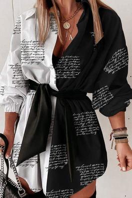 LETTER PRINT COLORBLOCK LANTERN SLEEVE SHIRT DRESS WITH BELT