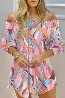 ABSTRACT PRINT SHIRRED OFF SHOULDER BUTTONED TOP