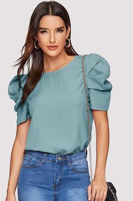 SOLID KEYHOLE BACK PUFF SLEEVE TOP