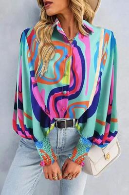 ABSTRACT PRINT LANTERN SLEEVE RUCHED TOP