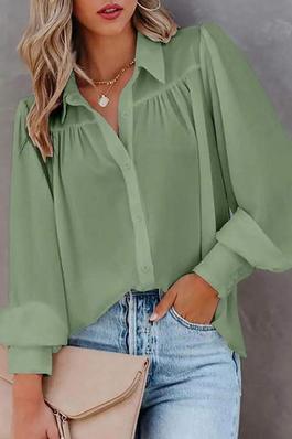 LANTERN SLEEVE RUCHED BUTTONED SHIRT