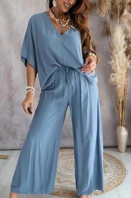 V NECK BATWING SLEEVE TOP CASUAL PANTS SET