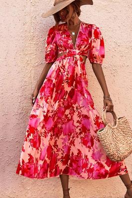ALLOVER FLORAL PRINT CUT OUT PUFF SLEEVE DRESS