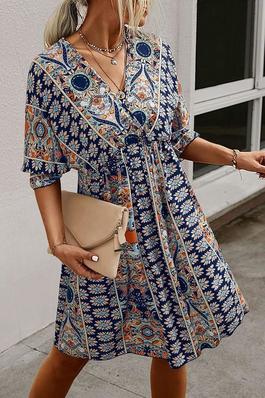 ALL OVER PRINT WRAP NECK TIE BACK DRESS