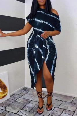 TIE DYE PRINT RUCHED SLIT CASUAL DRESS