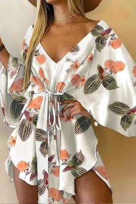 FLORAL PRINT TIE FRONT BATWING SLEEVE ASYMMETRICAL DRESS