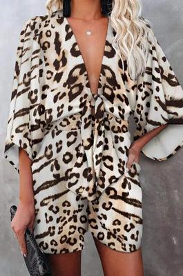 LEOPARD PRINT KNOTTED FRONT BELL SLEEVE ROMPER