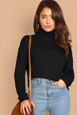 SOLID TURTLENECK WAFFLE KNIT PULLOVER