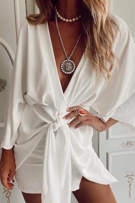 TIED DETAIL BELL SLEEVE SLIT CASUAL DRESS