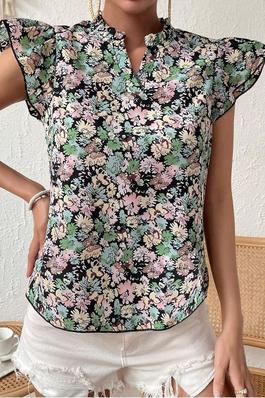 CLASI FLORAL PRINT NOTCHED NECKLINE BUTTERFLY SLEEVE BLOUSE