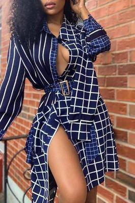 Striped Plaid Print Fake Twopiece Asymmetrical Shirt Dress