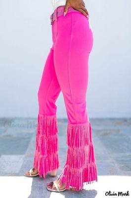 HIGH WAIST FLARED PANTS WITH PINK FRINGES HIGH WAIST FLARED PANTS