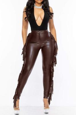 FRINGED FAUX LEATHER PANTS