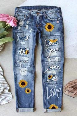 pants Womens Fashion Ripped Sunflower Patchwork Boyfriend Jeans Destroyed Slim Fit Denim Pants