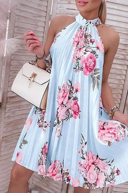 FLORAL PRINT HALTER CASUAL PLEATED DRESS