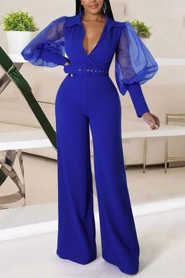 CONTRAST MESH PUFF SLEEVE BELTED JUMPSUIT