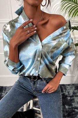 SHIRT FOR WOMEN GREEN TIE DYE BUTTONS TURNDOWN COLLAR CASUAL LONG SLEEVES POLYESTER TOPS