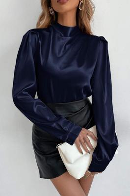 STAND NECK FOLD PLEATED SATIN BLOUSE