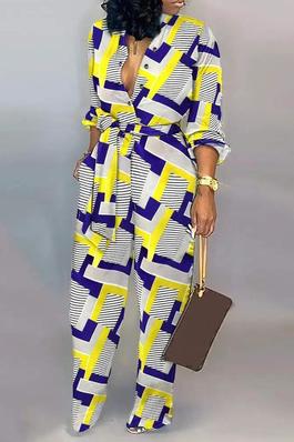 GEOMETRIC PRINT BUTTON FRONT BELTED JUMPSUIT