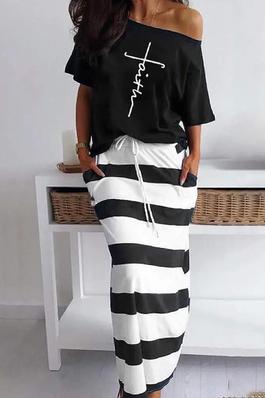 LETTER PATTERN PRINT CASUAL TOP STRIPED MAXI SKIRT SET