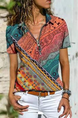 VINTAGE TRIBAL PRINT ZIP FRONT CASUAL T SHIRT
