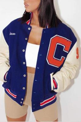 NEW Letter Print Colorblock Buttoned Baseball Jacket