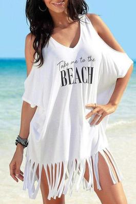 TAKE ME TO THE BEACH TASSEL COLD SHOULDER COVER UP
