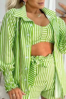 STRIPED CROP TOP TIED DETAIL SHORTS SET WITH FRILL HEM GIGOT SLEEVE COAT